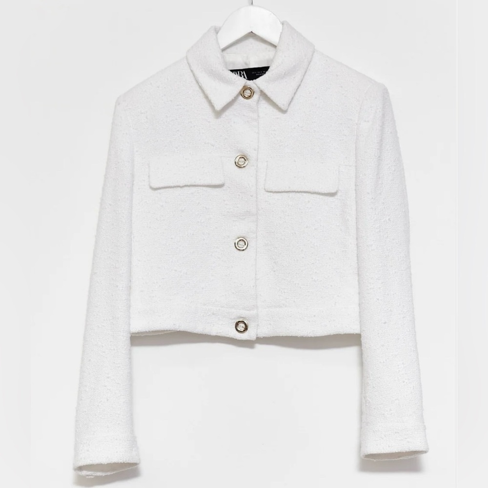 Zara White Cropped Bouclé Blazer